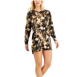 JENNI WOMENS MEDIUM LONG SLEEVE SUPER SOFT SLEEP SHIRT TIEDYE PRINT BLACK TAN